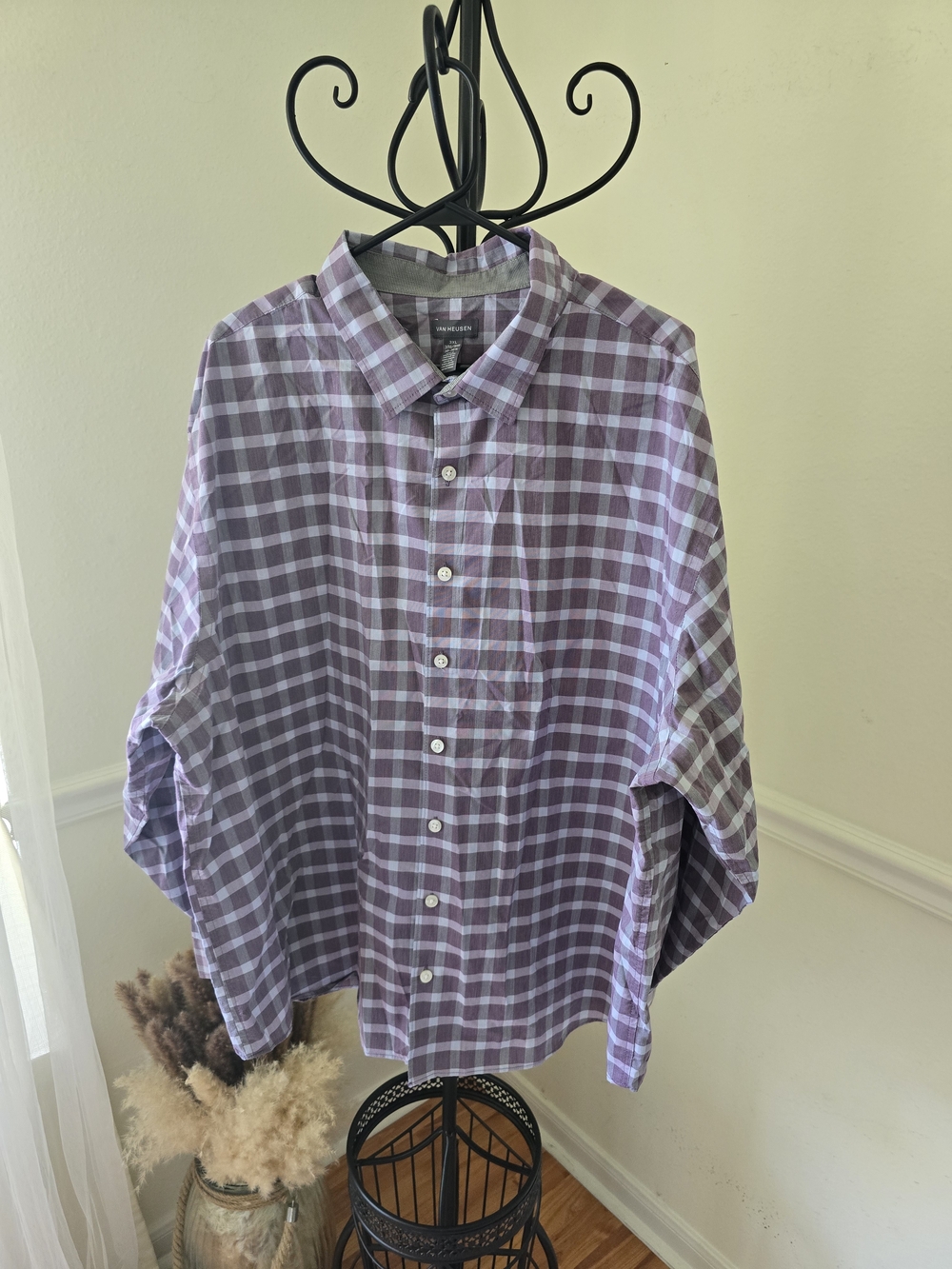 Van Heusen Lavender and White Checked Button-Down Shirt - Picture 4 of 7